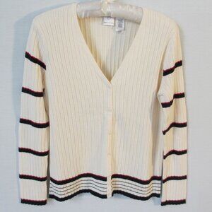 Emma James ivory v-neck stripe detail long sleeve cardigan sweater *Sz S*
